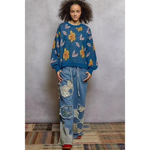 POL Floral Pattern Round Neck Balloon Sleeve Sweater Womens Size S-M-L-XL - Picture 5 of 5